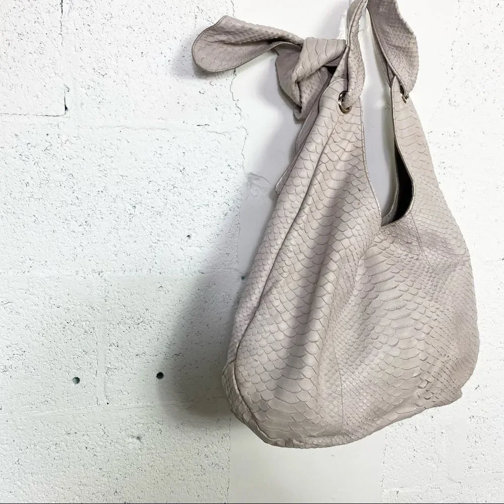 Furla logo light gray croc embossed genuine leather ribbon hobo shoulder bag